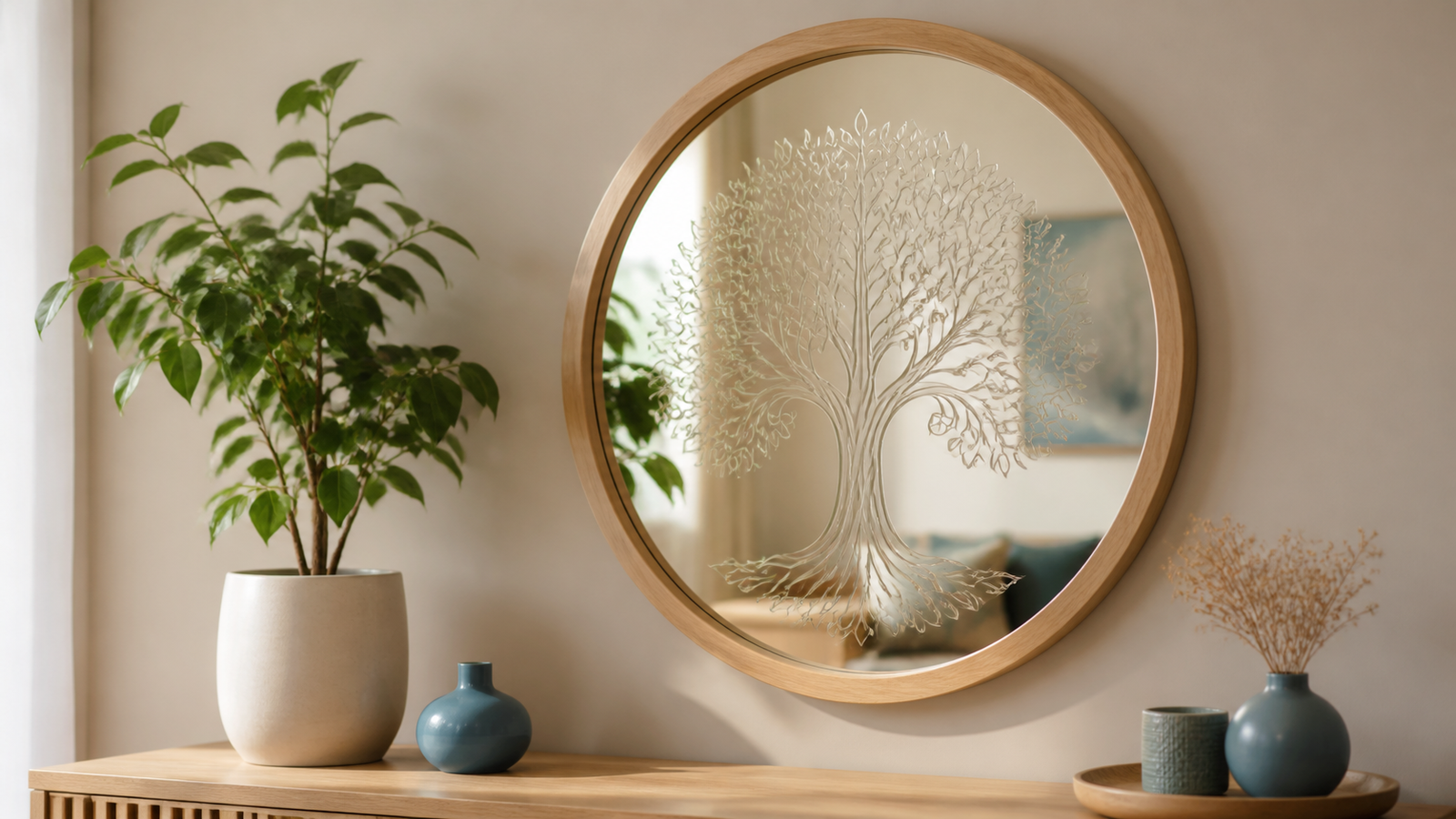 Miroir personnalisé gravé d'un motif arbre de vie