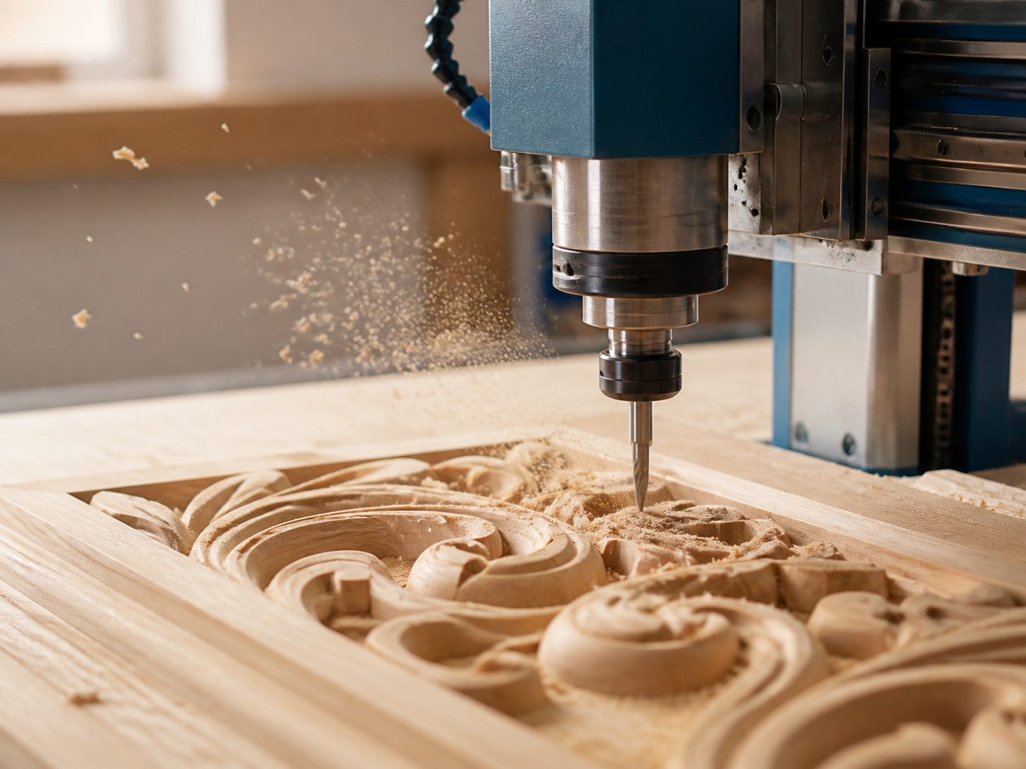Découpe CNC sculptant une pièce de bois en atelier